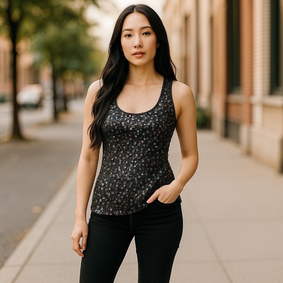 Express Sequin Black Metallic Scoop Neck Tank Top Sz Small - Picture 8 of 8